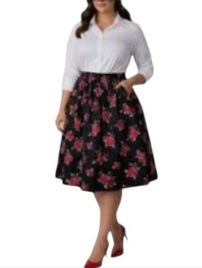 City Chic A-Line Midi Skirt Plus Size 22 Floral Red Roses Whimsigoth Pin-up Girl